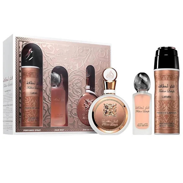 Lattafa Fakhar Women 3-Piece Set – EDP 3.4 oz + Body Spray 6.7 oz + Hair Mist 1.7 oz