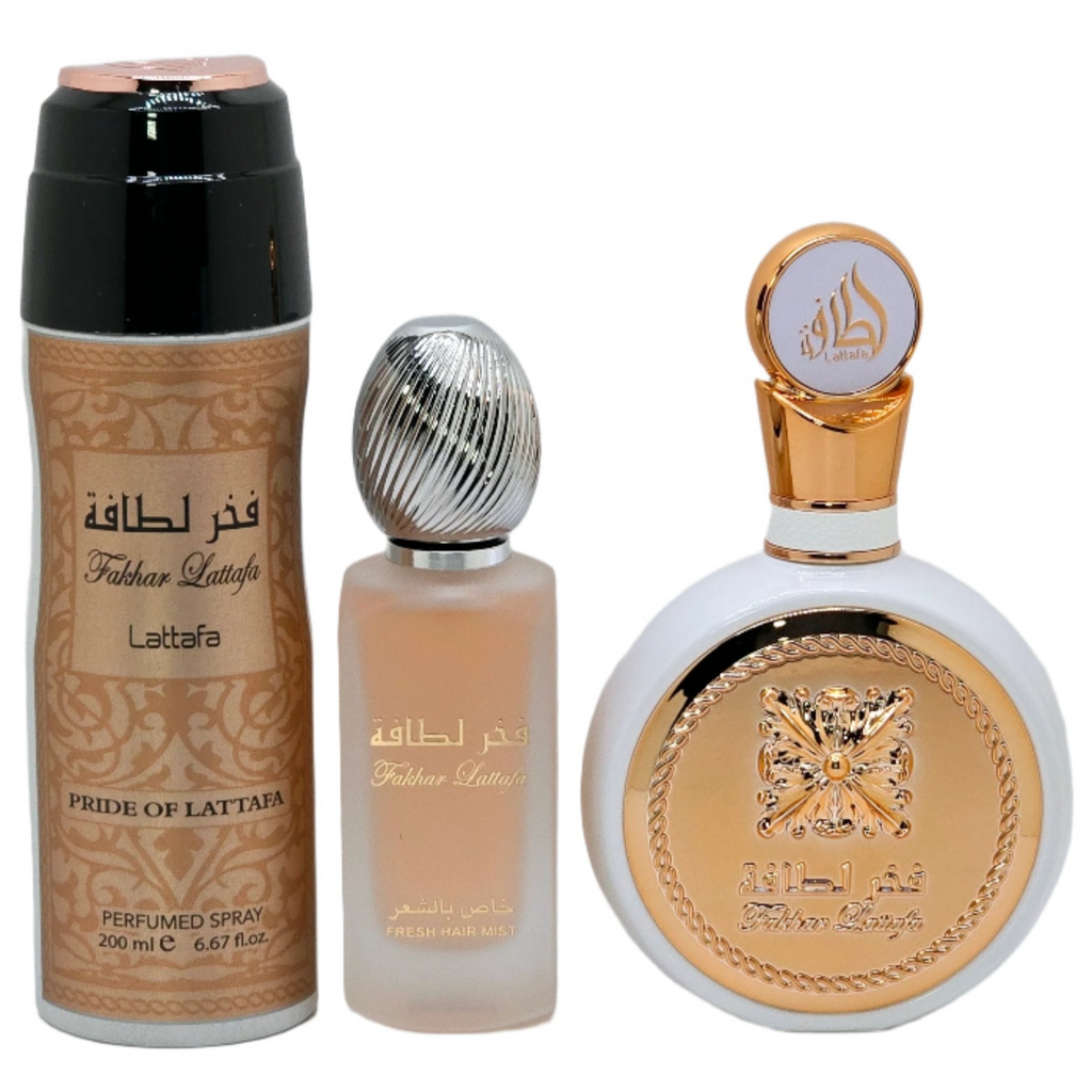 Lattafa Fakhar Women 3-Piece Set – EDP 3.4 oz + Body Spray 6.7 oz + Hair Mist 1.7 oz